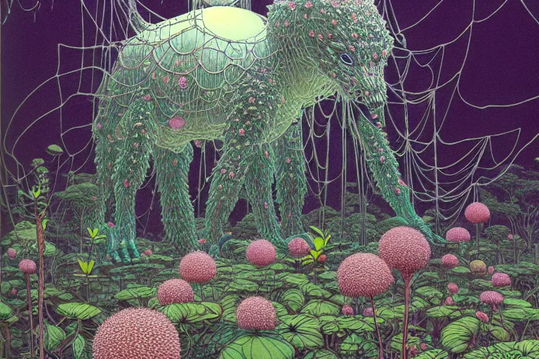Prompt: lots of glass details, a lot of exotic vegetation, trees, flowers, pastel dull colors, gigantic huge monster creature covered with flowers, staying in the foggy huge dark night forest covered with web and cotton and a lot of glow - worms, by moebius, hyperrealism, intricate detailed, risograph