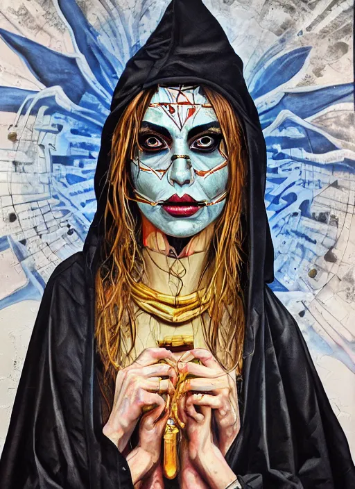 Image similar to tripping cult magic psychic woman, subjective consciousness psychedelic, epic occult ritual symbolism story iconic, dark robed witch, oil painting, robe, symmetrical face, greek dark myth, by Sandra Chevrier, masterpiece