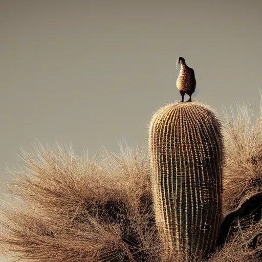 Image similar to A Dodo bird perched atop a Saguaro cactus in the desert, trending on Artstation , high detail, dramatic perspective.