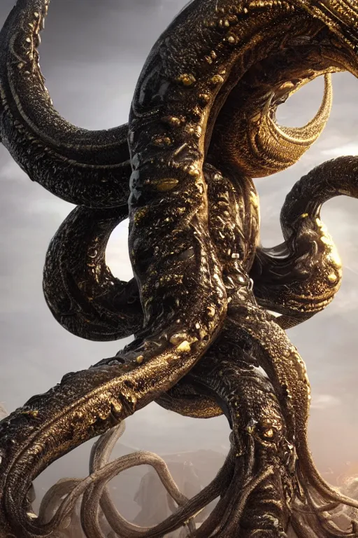 Image similar to giant ancient alien tentacles artwork by yoshitaka amano, black and gold, detailed background, extremely detailed, octane rendering, sharp focus, volumetric light, particles, unreal engine 5, rtx