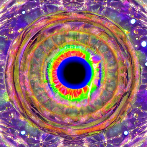 Prompt: big eye with colorful big iris in glass sphere at the center of the universe, 4k , 3d render , psychedelic colors