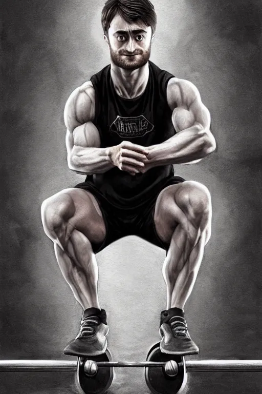 Image similar to highly detailed rendering of Daniel Radcliffe as Harry Potter doing barbell back squats, dingy workout gym, wearing a muscle tee shirt, muscular deep squats, symmetrical, highly detailed, digital painting, artstation, concept art, smooth, sharp focus, illustration, cinematic lighting, art by artgerm and greg rutkowski and alphonse mucha