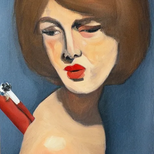 Prompt: painting of a short haired brunette french girl smoking a cigarette, heavy bags under her eyes, 1960s, very detailed, museum quality