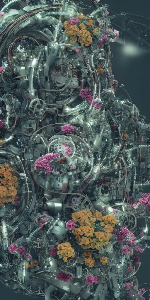 Prompt: a lovely mechanical cornucopia of flowers and human body parts, scifi, futuristic, utopian, machine parts, body parts, wires, circuits, highly detailed, octane render, cinematic