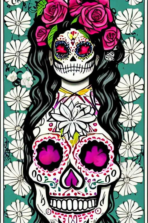 Prompt: Illustration of a sugar skull day of the dead girl, art by tim doyle