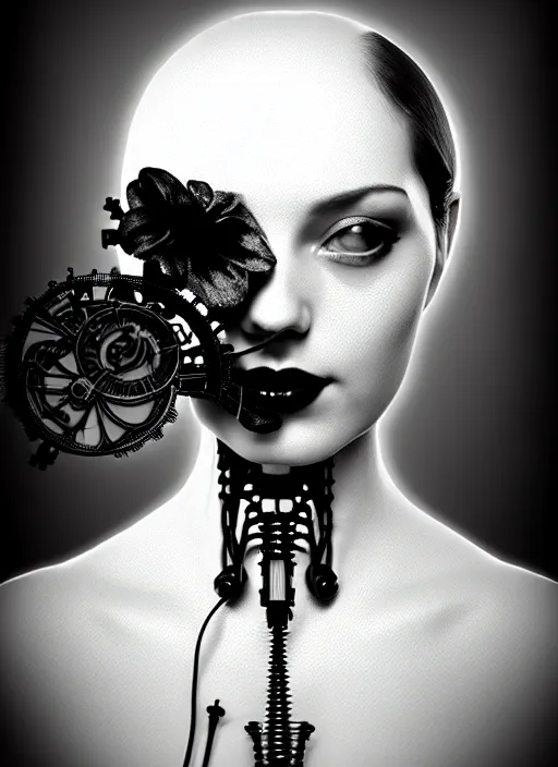 Image similar to black and white dreamy foggy profile face portrait, one steampunk eye biomechanical beautiful young female cyborg - robot, body ribs meshes, big monocular, volumetric light, hibiscus flowers, by hg giger, rim light, by dora maar and cecile beaton, big gothic fashion pearl embroidered collar, 8 k