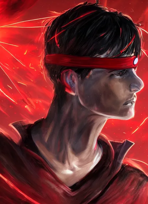 Prompt: An epic fantasy comic book style portrait painting of a young man with black and red cowlick haircut, red eyes, wearing an red shirt with X symbol, black overcoat, blue jeans. He is surrounded by red energy. Wearing a power scouter. Unreal 5, DAZ, hyperrealistic, octane render, cosplay, RPG portrait, dynamic lighting