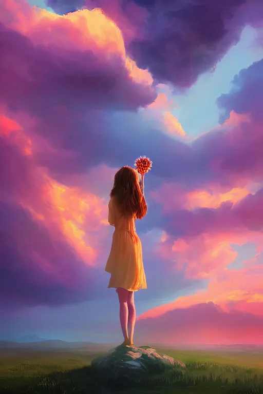 Image similar to closeup giant dahlia flower over the head, girl standing on mountain, surreal photography, blue storm clouds, dramatic light, impressionist painting, digital painting, artstation, simon stalenhag