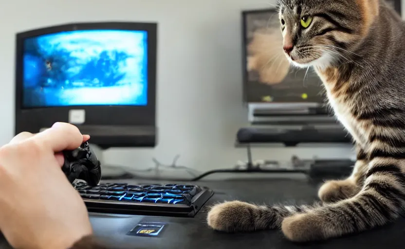 Prompt: a cat using a gaming computer, realistic