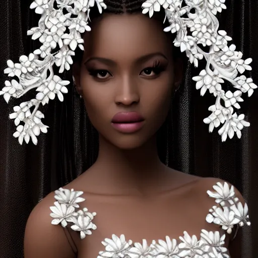 Prompt: portrait of wonderful princess of white diamonds with dark skin, white flowers, ornate with white diamonds, 8 k, gorgeous, intricate, detailed, glowing white accent lighting, dramatic lighting, octane render