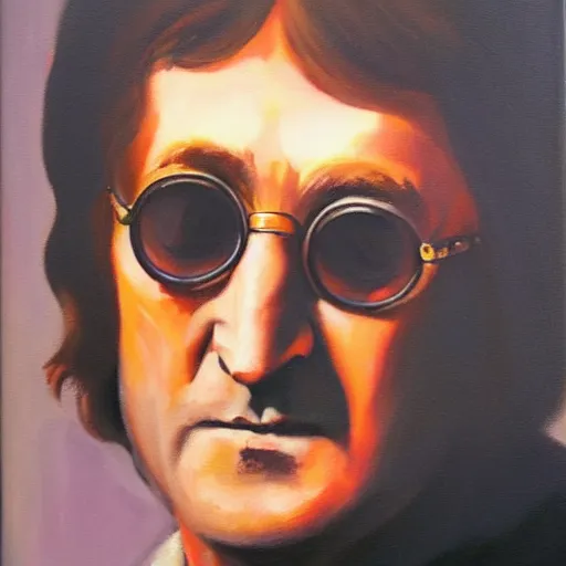 Image similar to 80 year old John Lennon, oil painting, dramatic lighting, framed,