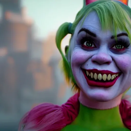 Prompt: Shrek as real-life Harley Quinn, cinematic, Wide-shot, atmospheric lighting, extreme detail, 8K, movie still