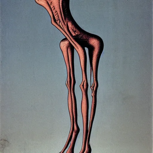 Image similar to significantly tall skinny monster with very long legs, curved in shape, by most famous surreal artist