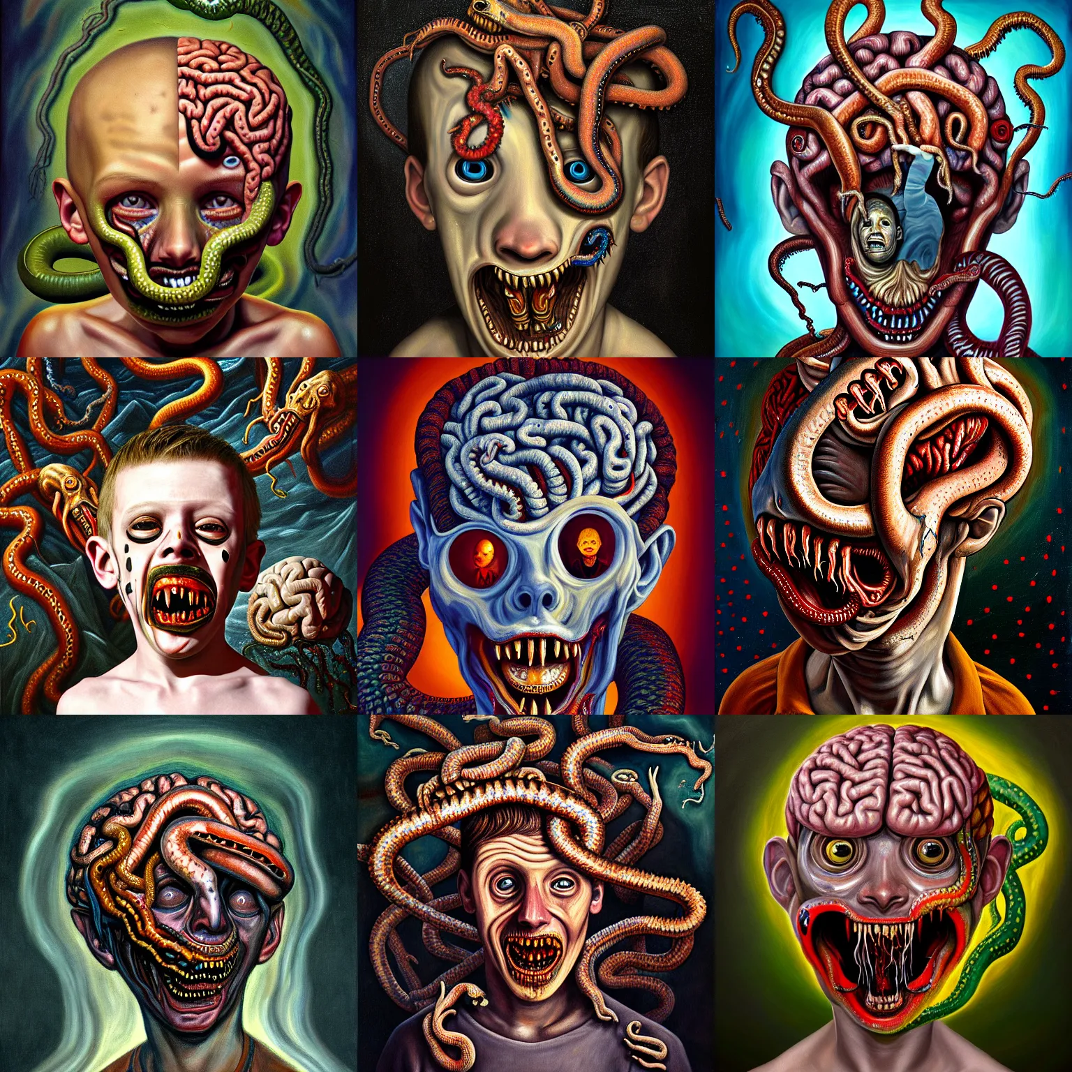 Prompt: a painting of a decapitated boy's distressed face with biting serpents swarming out of his exposed brain, a surrealist painting, polycount, surrealism, surrealist, lovecraftian, cosmic horror