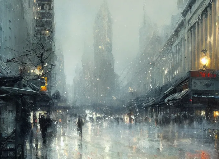 Prompt: painting of a cityscape in winter by jeremy mann, street - level, dripping oil paint, thick brushstrokes, high resolution