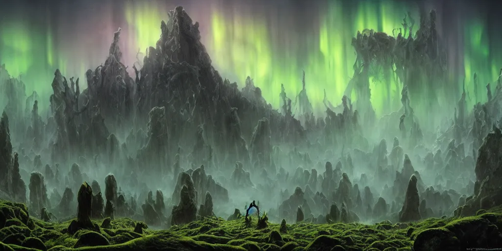 Image similar to evil eldritch lovecraftian scenery landscape, lord of the rings, aurora borealis, mist, monoliths, tentacles, fungal growths, moss highly detailed, bleak color, perfect lighting, perfect composition, 8 k, brian froud, artgerm, derek zabrocki, greg rutkowski