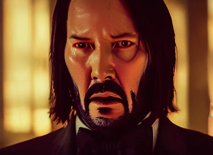 Image similar to cinematic screenshot cinestill portrait of a stop motion claymation film, john wick, in focus, shallow depth of field, 1 8 mm, f 1. 8, sharp details