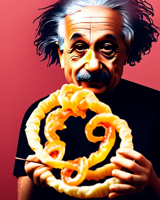 Image similar to A photo of Albert Einstein eating jalebi, highly detailed, trending on artstation, bokeh, 90mm, f/1.4