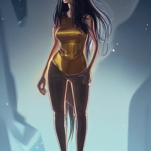 Image similar to a portrait of a sad cyberpunk long black hair women standing in a soft lighting, golden hour, ahestetic, very detailed, super detailed, extremely beautiful,