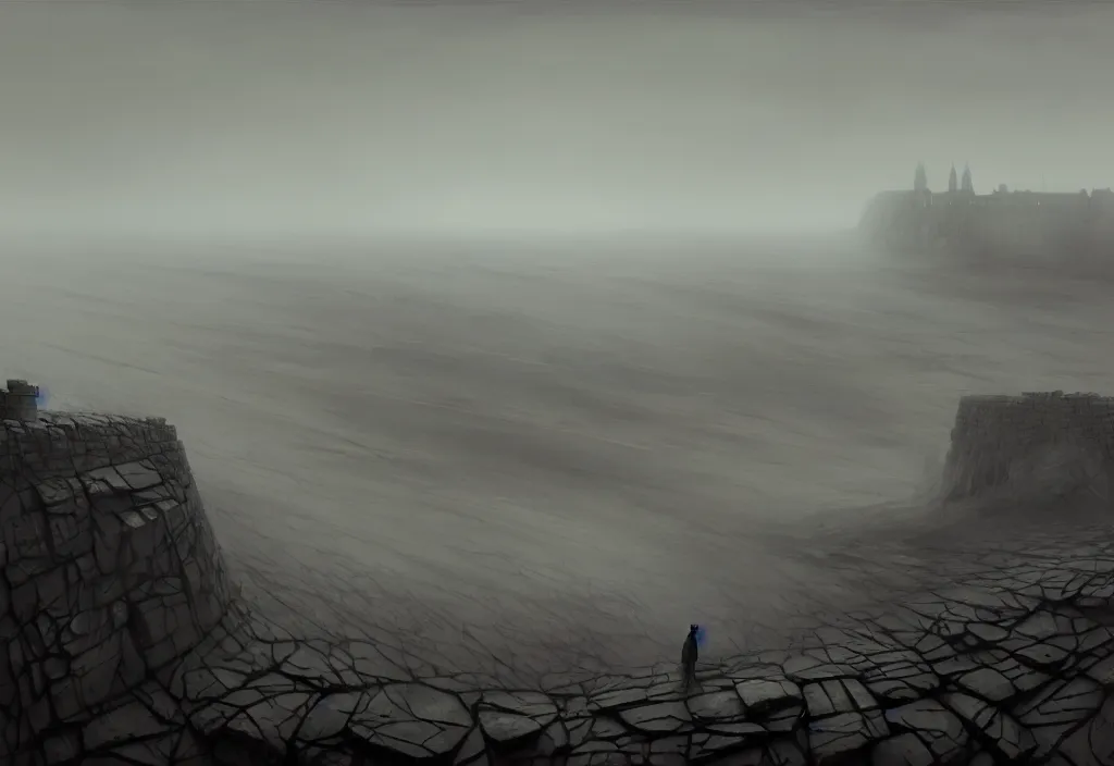 Image similar to The landscape of a gray wasteland with gray dry land, enclosed in incredibly gigantic enormous smoothed stone walls. The walls are so far apart that they disappear over the horizon. Art by Finnian MacManus, Simon Stalenhag, Arthur Rackham. Fog, masterpiece, fantasy art, cinematic, hyperdetailed, photorealistic, hyperrealism, octane rendering, 8k, aerial view