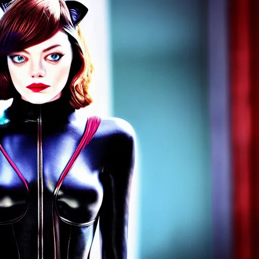 Image similar to Emma Stone as Catwoman XF IQ4, f/1.4, ISO 200, 1/160s, 8K, Sense of Depth, color and contrast corrected, Nvidia AI, Dolby Vision, symmetrical balance, in-frame