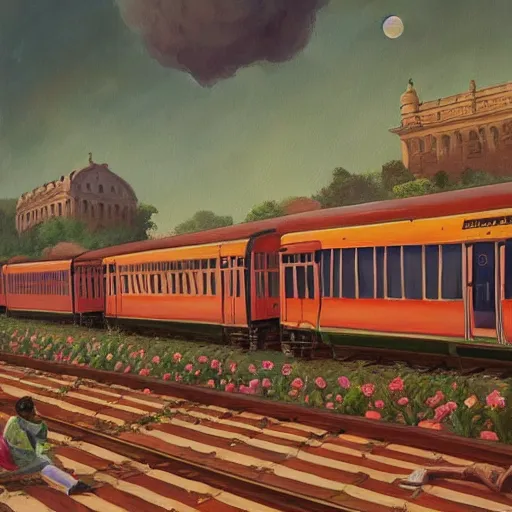 Image similar to a beautiful painting of a train traveling in india by greg rutkowsk and adonna khare, wes anderson, trending on artstation