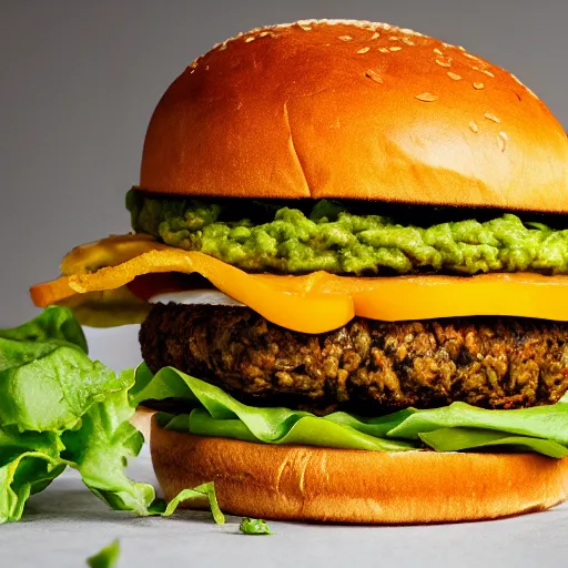 Image similar to vegan hamburger with guacamole, crispy fried onion and a fried egg, crispy buns, next to french fries, side view, 8 k resolution, studio lighting, sharp focus, hyper - detailed