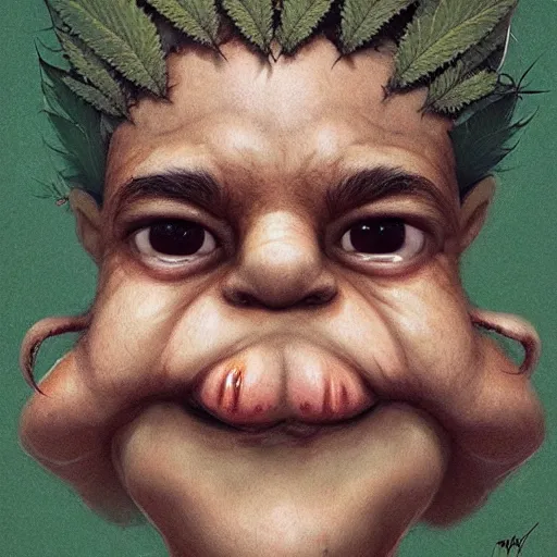 Prompt: a cute little man made of hemp, with a head in the form of a cannabis bloom, like baby grut, green skin, character, art by james jean and greg rutkowski!!, realistic face, digital art, chibi style, golden ratio, perfect composition, trending on artstation, 8 k