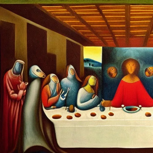 Prompt: The Last Supper, Leonora Carrington, oil on wood, 1451