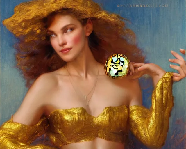 Image similar to attractive woman holding a golden bitcoin, commercial by annie liebovitz, gaston bussiere, craig mullins, j. c. leyendecker