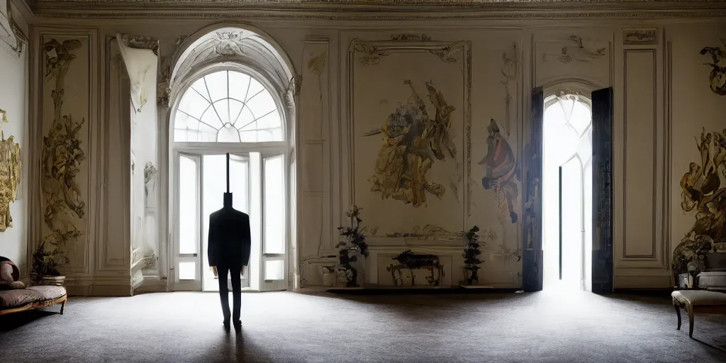 Image similar to Batman standing in giant Italian modern castle living room, clean minimalist design, that is 1300 feet tall, with very tall giant walls filled with modern art paintings, doors that are cosmic portals, photo by Annie Leibovitz