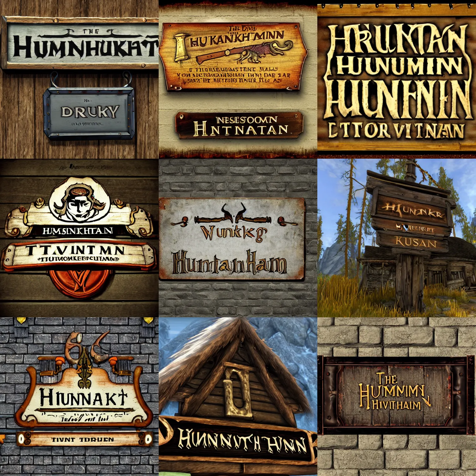 Prompt: The Drunken Huntsman tavern sign, Skyrim videogame asset