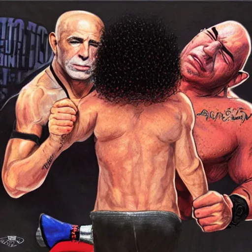 Image similar to Joe Rogan and Howard Stern wrestling, intricate, highly detailed, concept art, smooth, sharp focus