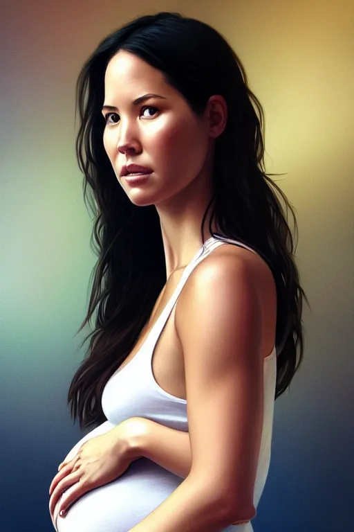 Prompt: pregnant olivia munn in a white tank top, realistic portrait, symmetrical, highly detailed, digital painting, artstation, concept art, smooth, sharp focus, illustration, cinematic lighting, art by artgerm and greg rutkowski and alphonse mucha