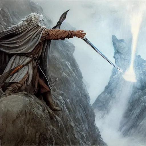 Image similar to gandalf with a sword in his hand on a bridge fighting an enormous balrog from hell, by alan lee, lord of the rings, smooth, detailed terrain, oil painting, matte painting, concept art, trending on artstation