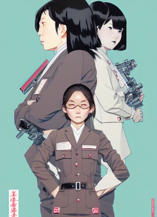 Image similar to Artwork by James Jean and Phil noto and hiyao Miyazaki ; a young Japanese future police lady named Yoshimi battles an evil natures carnivorous robot on the streets of Tokyo; Art work by hiyao Miyazaki, Phil noto and James Jean