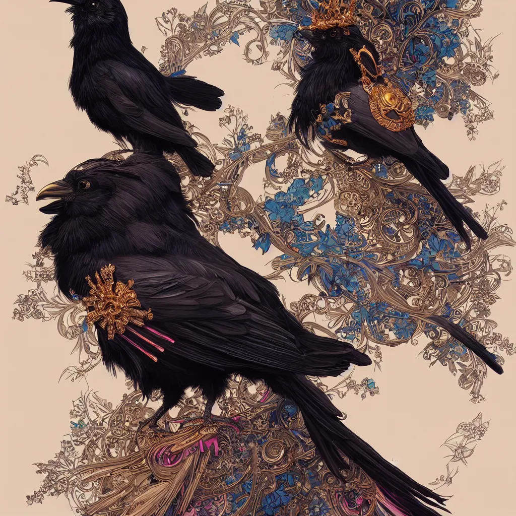 Image similar to beautiful black raven bird with ornate headgear, cute, intricate, highly detailed, digital painting, trending on artstation, concept art, smooth, sharp focus, backlit, rim light, vivid colors, illustration, unreal engine 5, 8 k, art by rossdraws and alphonse mucha