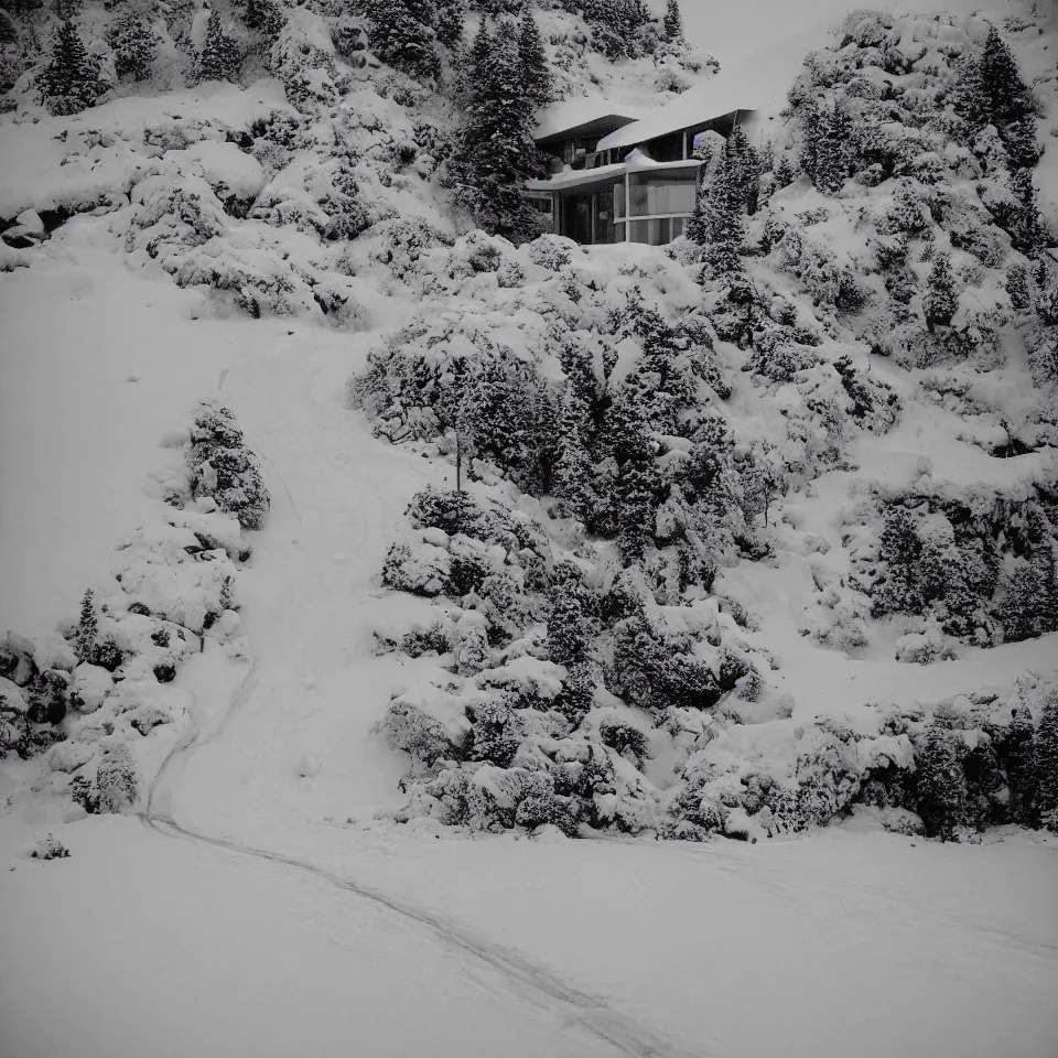 Image similar to a road leading to a mid-century modern house with large windows on top of a cliff in the arctic, covered with snow, designed by Frank Gehry. Big tiles. Film grain, cinematic, yellow hue