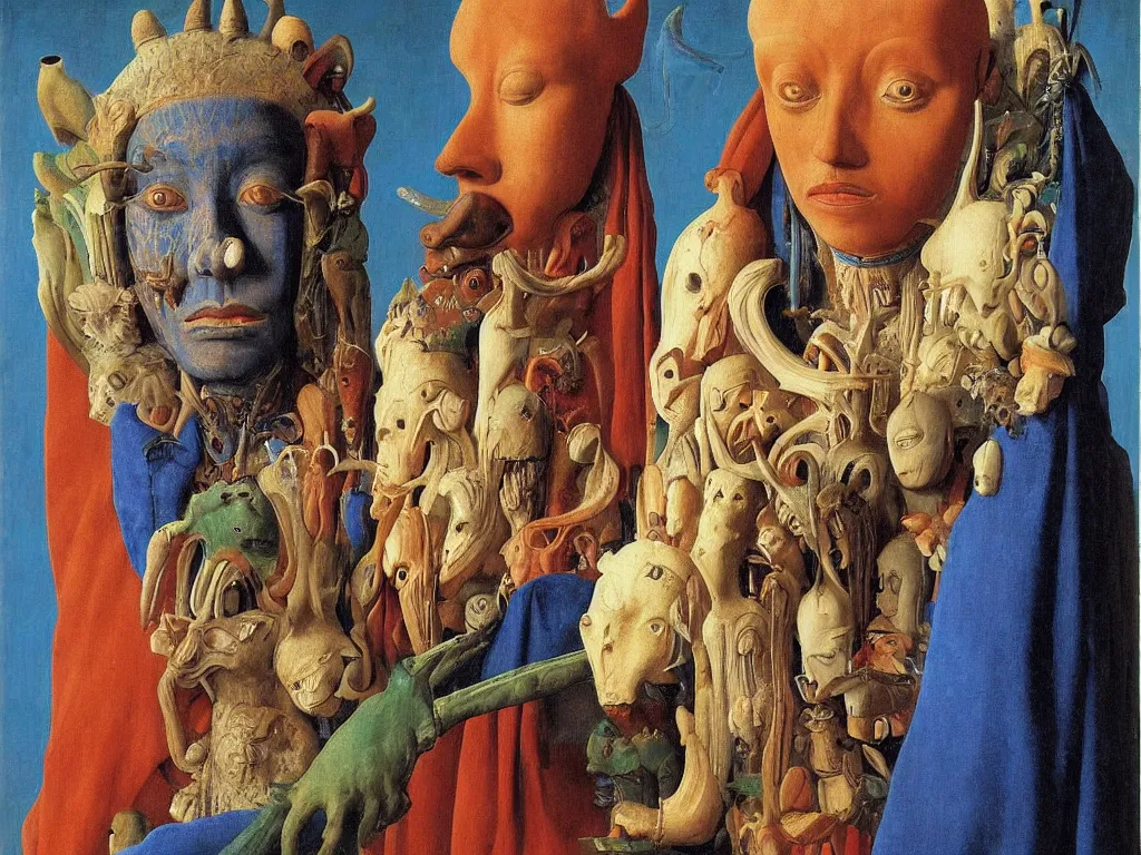 Prompt: portrait of albino mystic with blue eyes, with beautiful exotic, archaic, prehistoric, African Oceanian masks, sculptures. Painting by Jan van Eyck, Audubon, Rene Magritte, Agnes Pelton, Max Ernst, Walton Ford