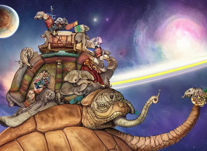 Image similar to discworld, flat earth on top of 4 elephants on top of a giant cosmic turtle flying through space, digital art, artstation, detailed