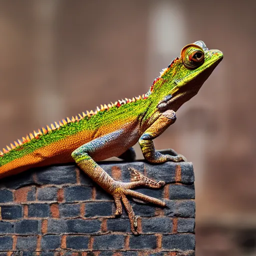 Image similar to a chameleon with leopard pattern on skin sitting on a brick wall, highly detailed, 8K, supersharp photo