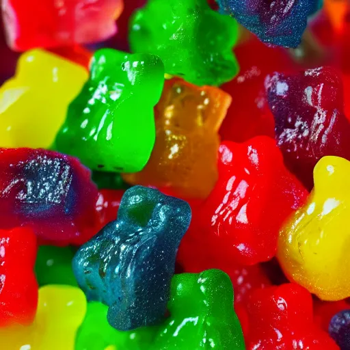 Image similar to macro image of a bowl full of gummy bears, realistic, glistening, slightly sprayed with water.