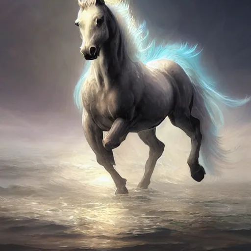Prompt: a fantastical translucent!!! small horse made of water and foam, ethereal, noble, radiant, hyperalism, scottish folklore, digital painting, artstation, concept art, smooth, 8 k frostbite 3 engine, ultra detailed, art by artgerm and greg rutkowski and magali villeneuve
