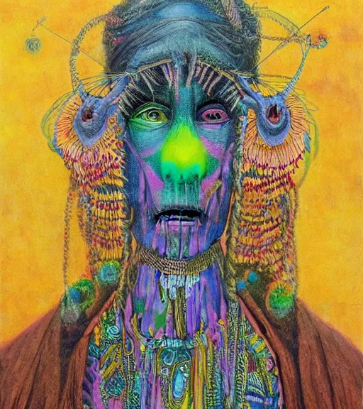 Image similar to Portrait painting in a style of Beksinski mixed with Alex Grey of an old shaman dressed in a colorful traditional clothes. Very psychodelic