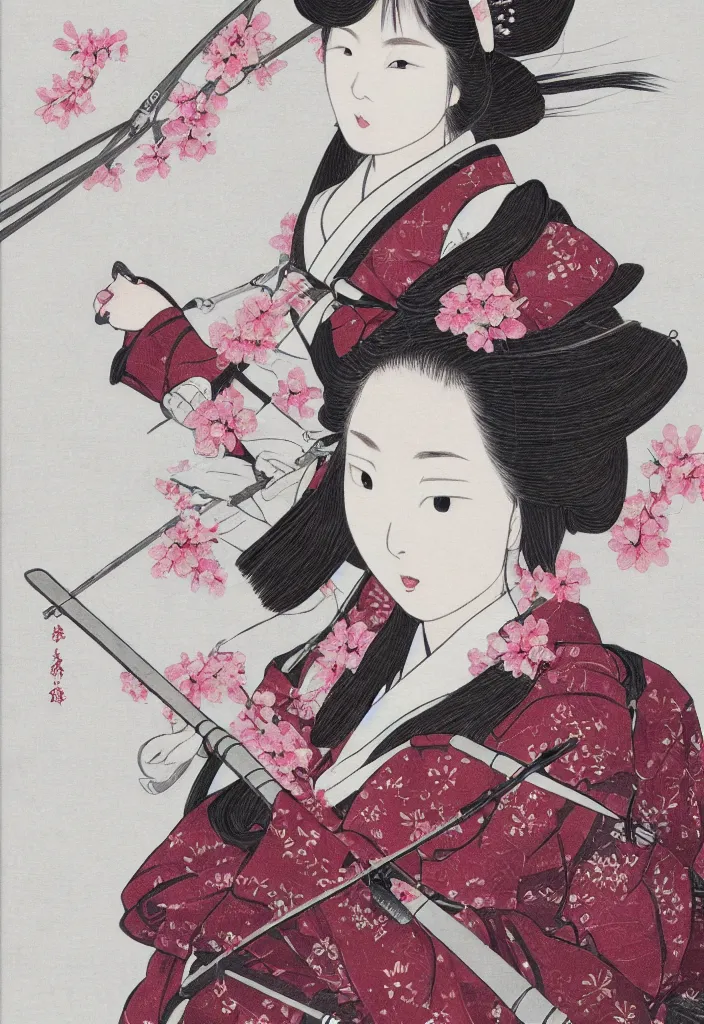 Image similar to detailed portrait of girl samurai in hakama with swords and rifles, in snow forest sakura cherry blossom, taisho roman, trending on artstation, elite, elegant, luxury, perfect face, fine details, realistic shaded, fine - face, pretty face