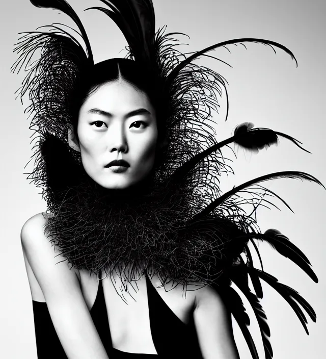 Prompt: photography film noir scene portrait starring liu wen, natural background, backlight lighting, natural fragile pose, great _ hairstyle, wearing stunning dress with feathers by iris van herpen, with a colorfull makeup. highly detailed, skin grain detail, photography by paolo roversi, amano, nick knight, helmut newton, avedon, araki