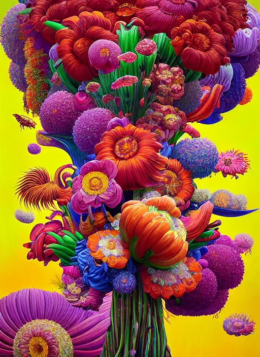 Prompt: hyper detailed illustration like a Oil painting - a vivid exotic flower bouquet, long petals, huge blossoms, by Jacek Yerka, Mariusz Lewandowski, Houdini algorithmic chromatic colors, long brush strokes, Masterpiece, Edward Hopper and James Gilleard, Zdzislaw Beksinski, Mark Ryden, Wolfgang Lettl, hints of Yayoi Kasuma, octane render, 8k