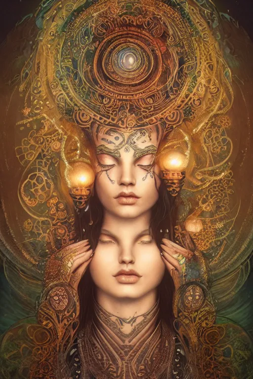 Image similar to a centered render of an mytical festival hippy with tribal tattoos wearing intricate metallic clothing surrounded by a underwater ink pour and flowing liquid gallium and sacred geometry, perfect body and face, gorgeous, cinematic, beautifully lit, by tom bagshaw, by karol bak, by donato giancola, 3 d, trending on artstation, octane render, 8 k