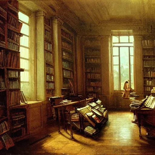 Prompt: painting of a scifi ancient civilzation victorian empty room with books, andreas achenbach