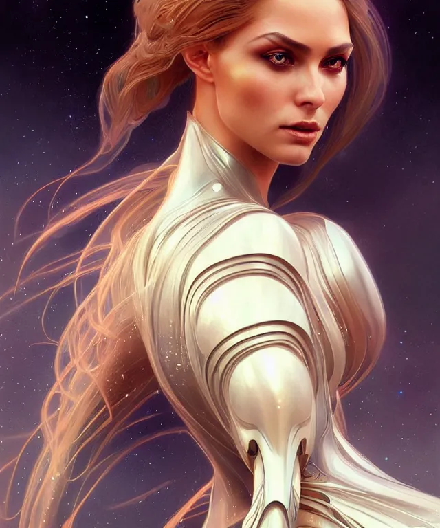 Prompt: futuristic dress woman portrait, sci-fi, amber eyes, face, long hair, fantasy, intricate, elegant, highly detailed, digital painting, artstation, concept art, smooth, sharp focus, illustration, art by artgerm and greg rutkowski and alphonse mucha